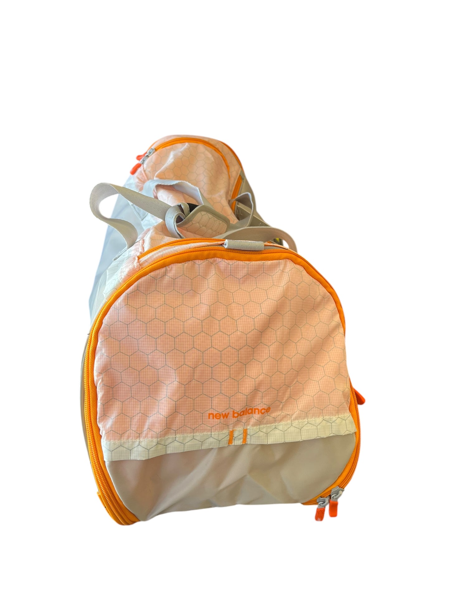 orange and gray New Balance Duffle bag