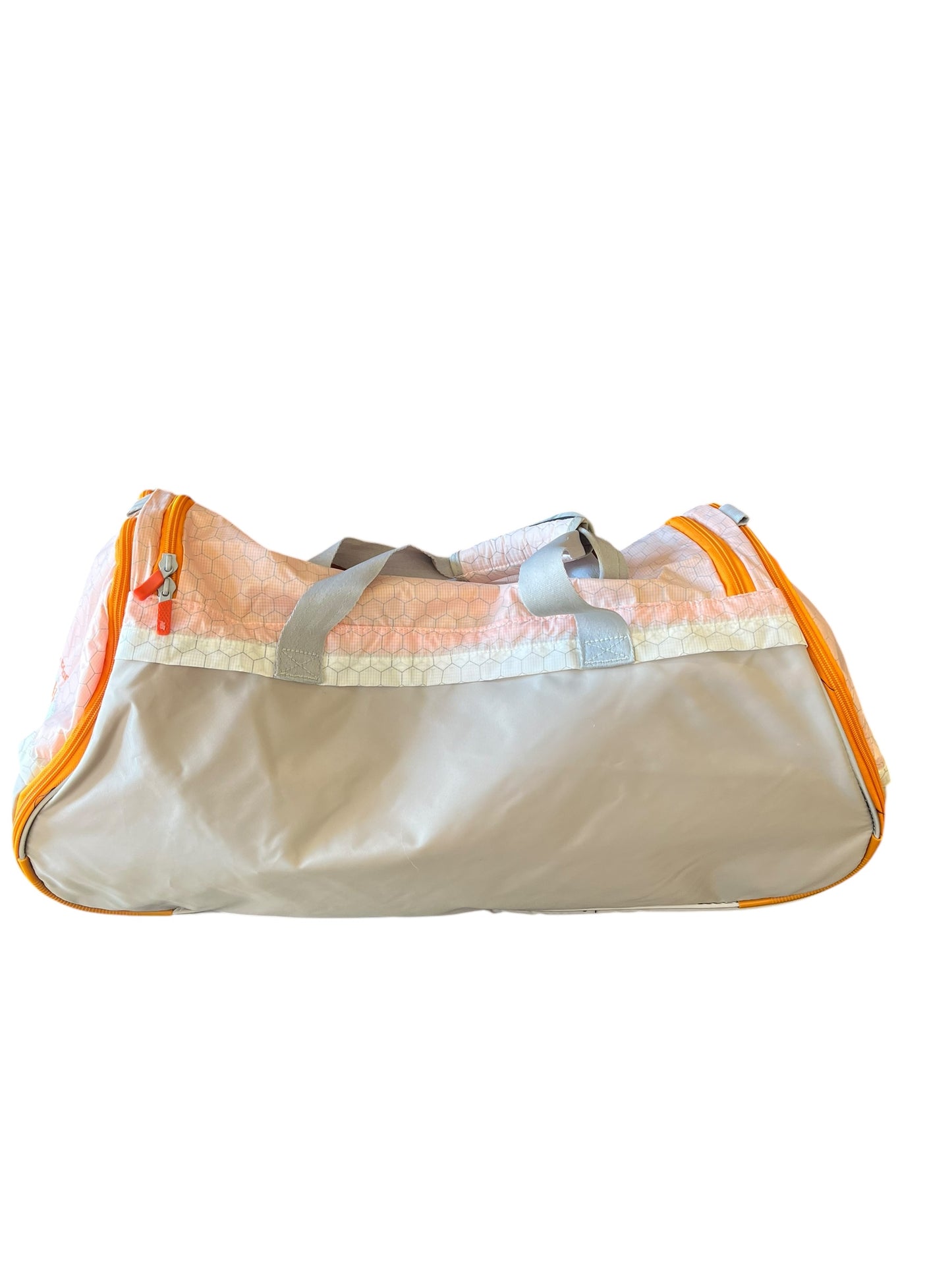 orange and gray New Balance Duffle bag