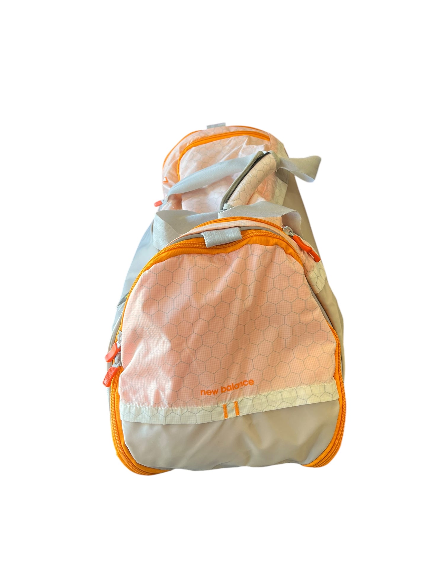 orange and gray New Balance Duffle bag