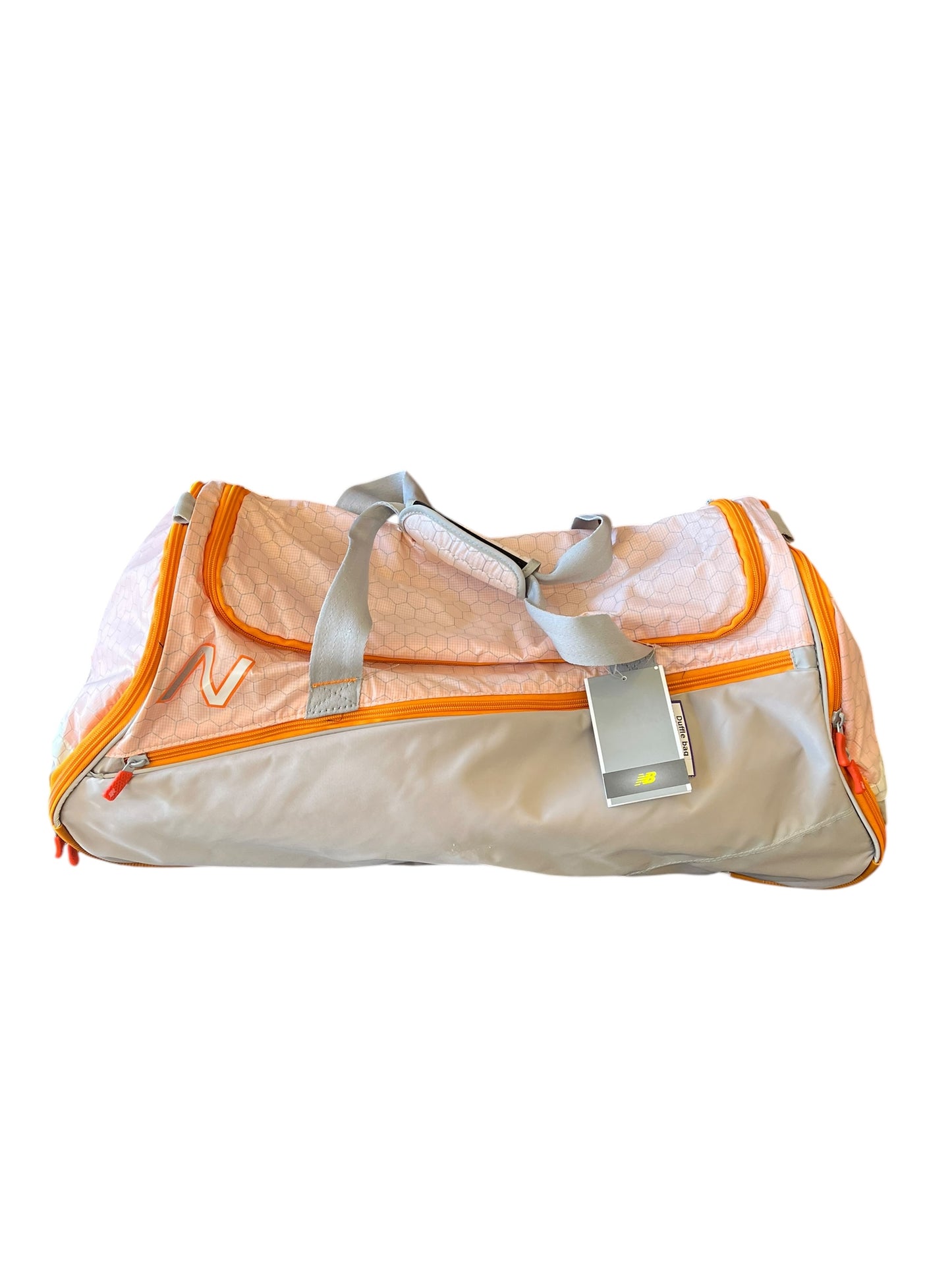 orange and gray New Balance Duffle bag